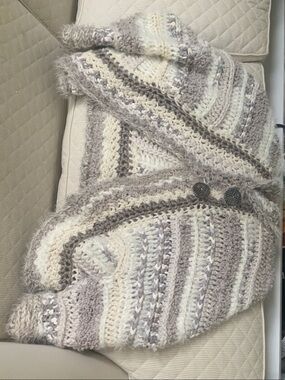 Striped Knit Button-Front Women's Cardigan - Cream & Light Gray
